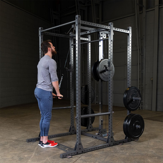 Tricep Pulldowns on the Powerline PPR1000 Power Rack Extension with optional Lat Attachment