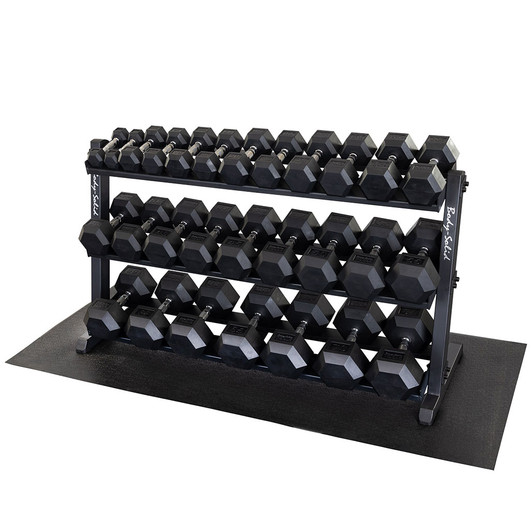 Body-Solid 5-70 lb. Rubber Coated Hex Dumbbell Set with Heavy Duty Storage Rack