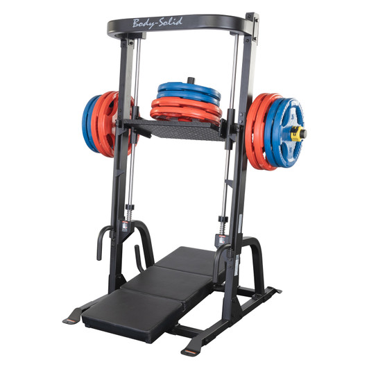 Compatible with both 2" Olympic and 1" Standard weight plates (2" shown) - Body-Solid GVLP Vertical Leg Press
