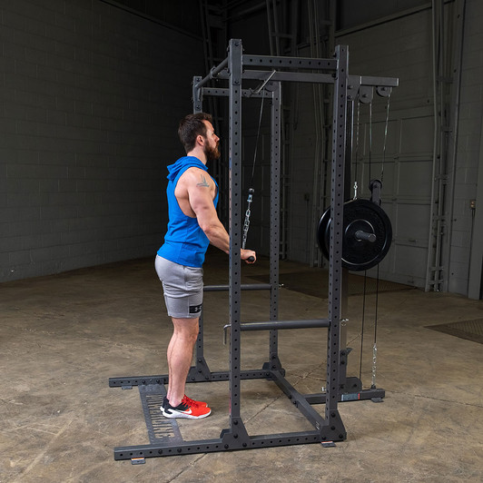 Tricep Pulldowns on the PPR500EXT Half Rack Extension with optional Lat Attachment
