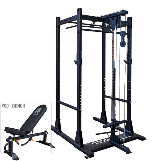 Rugged Power Rack with Lat and Flat-Incline Bench