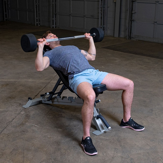 Incline Presses with the Body-Solid Tools Fixed Weight Straight Barbells and optional bench