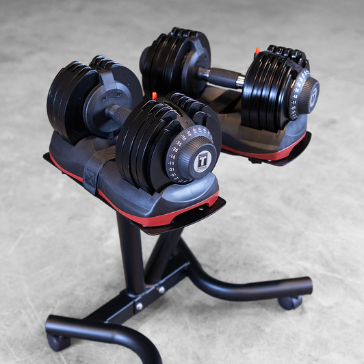 Stand with Body-Solid Tools adjustable dumbbells