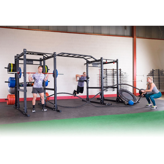Squats, Rope Waves and Dips on the Body-Solid Double SPR1000DB Commercial Power Rack with optional bar, weights and rope on the SPRUL U-Link