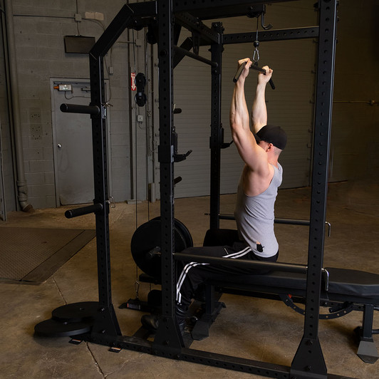 Lat Pulldowns on the Rugged Power Rack Lat Attachment with optional bench