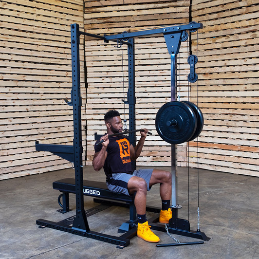 Lat Pull Downs on the Rugged Half Rack Lat Attachment with optional bench