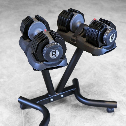 Stand with Rugged Fitness adjustable dumbbells